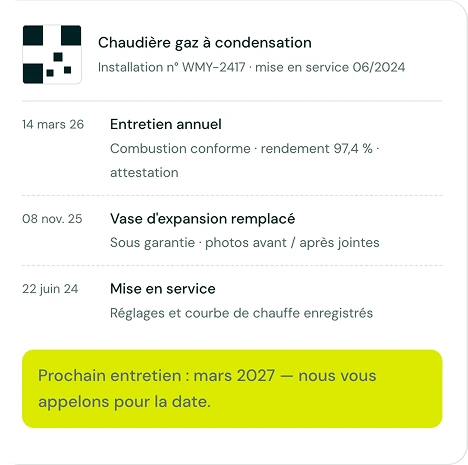Interface du carnet numérique avec l'historique des interventions